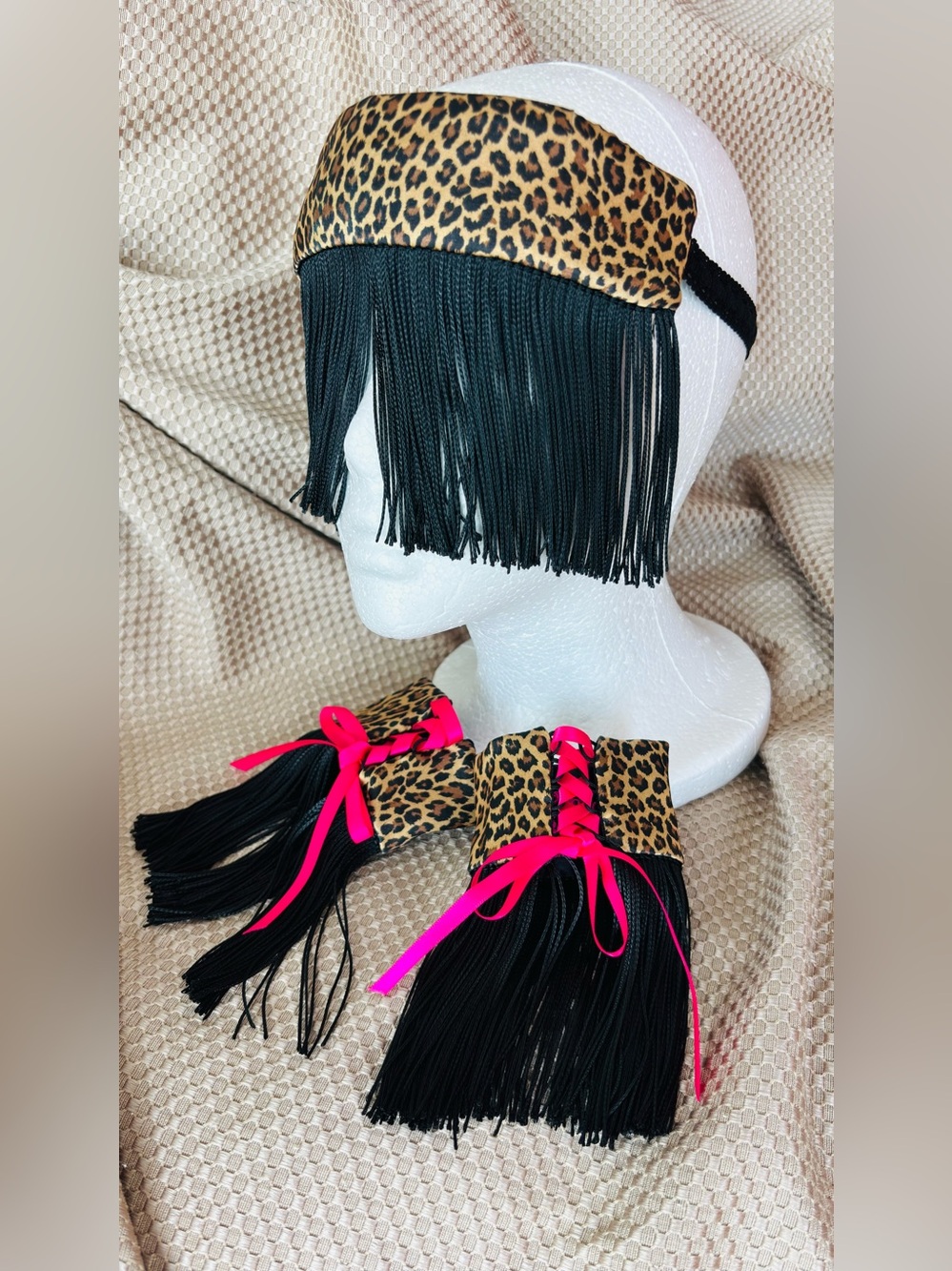 REVERSIBLE Leopard / Black Fringe Headband and Wrist Tassel Set